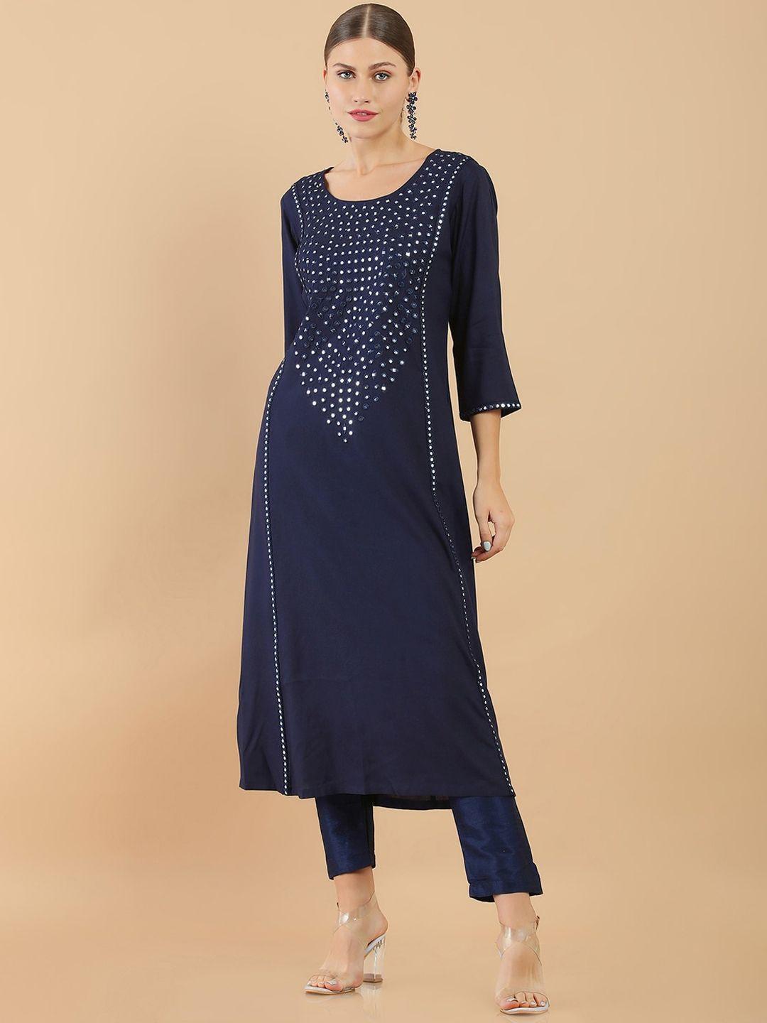 soch women navy blue yoke design rayon kurta