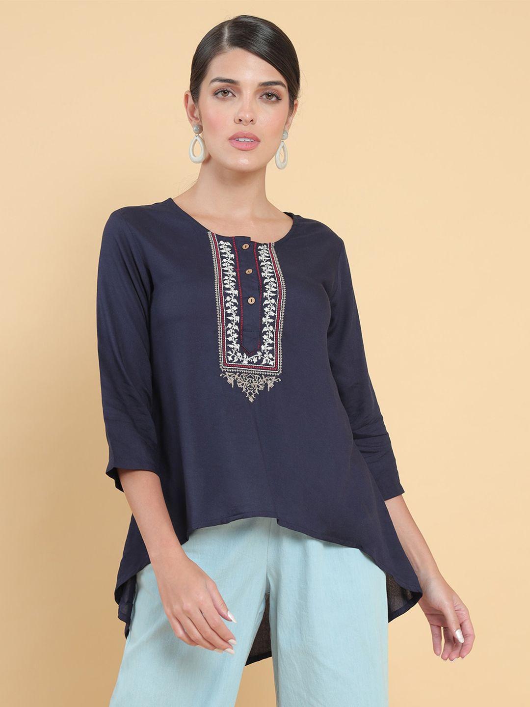 soch women navy blue yoke embroidered high low hemline tunic