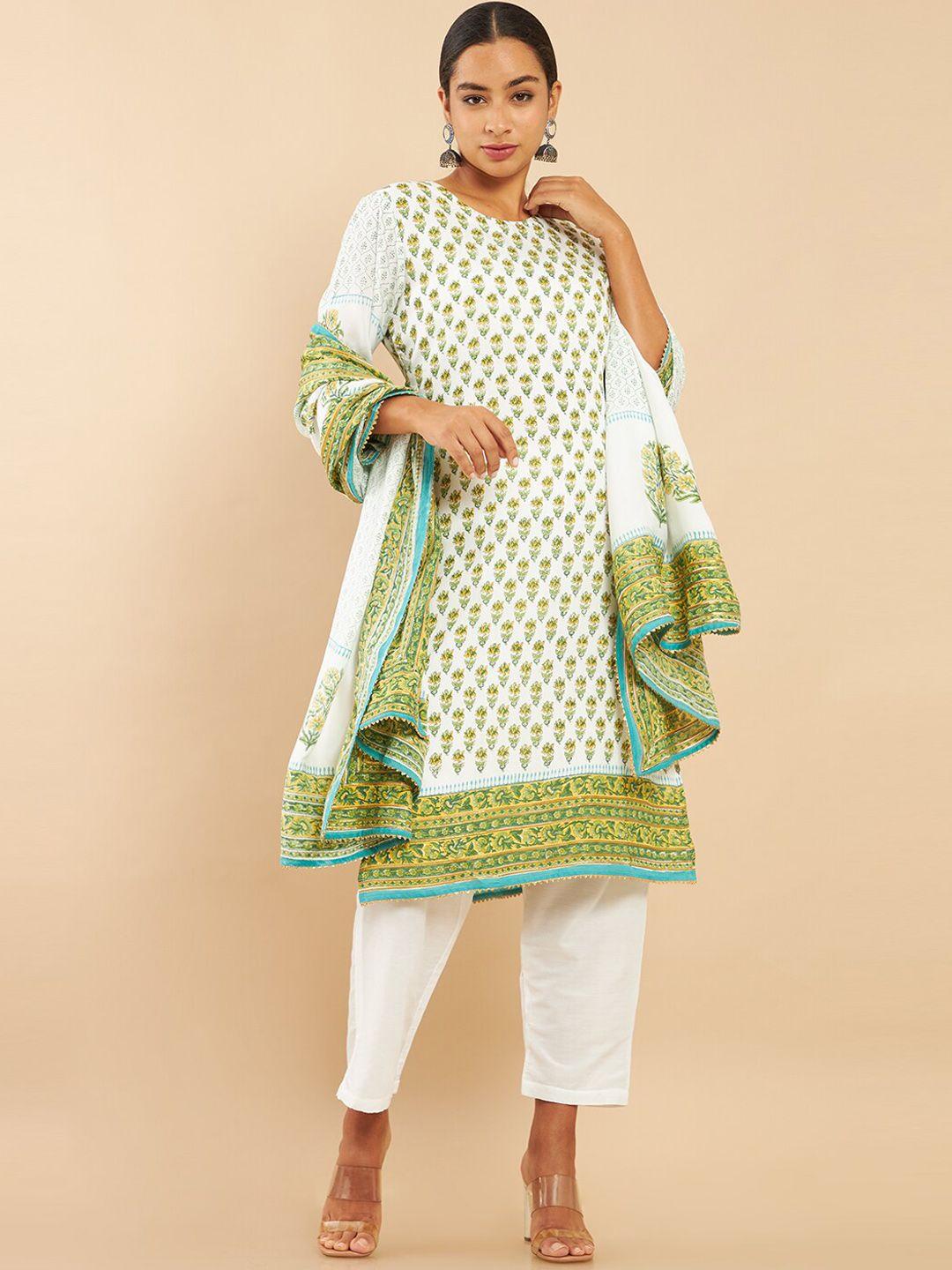 soch women off white & green ethnic motifs printed kurta  with trouser & dupatta