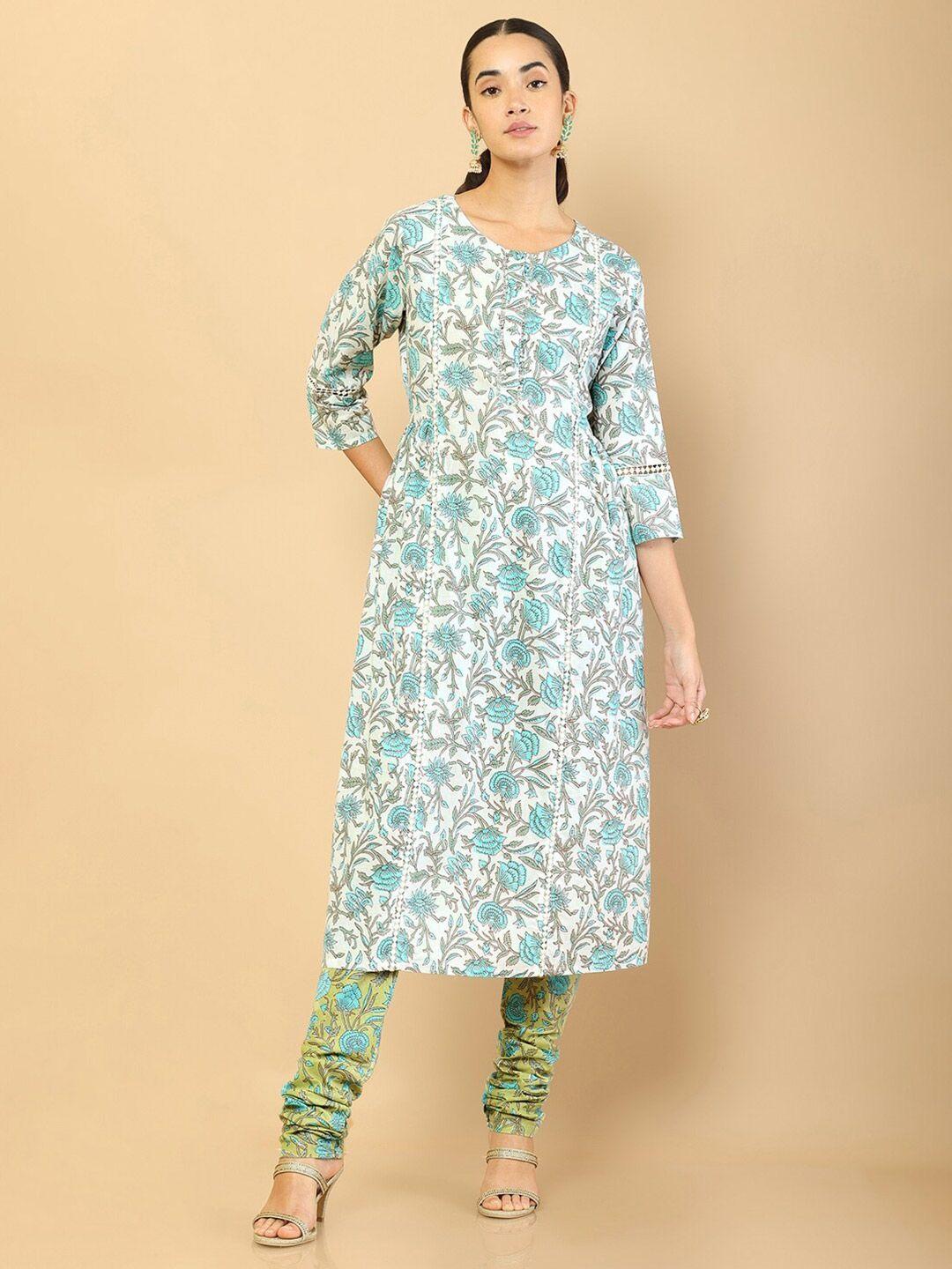 soch women off-white & green ethnic printed panelled pure cotton kurta with churidar