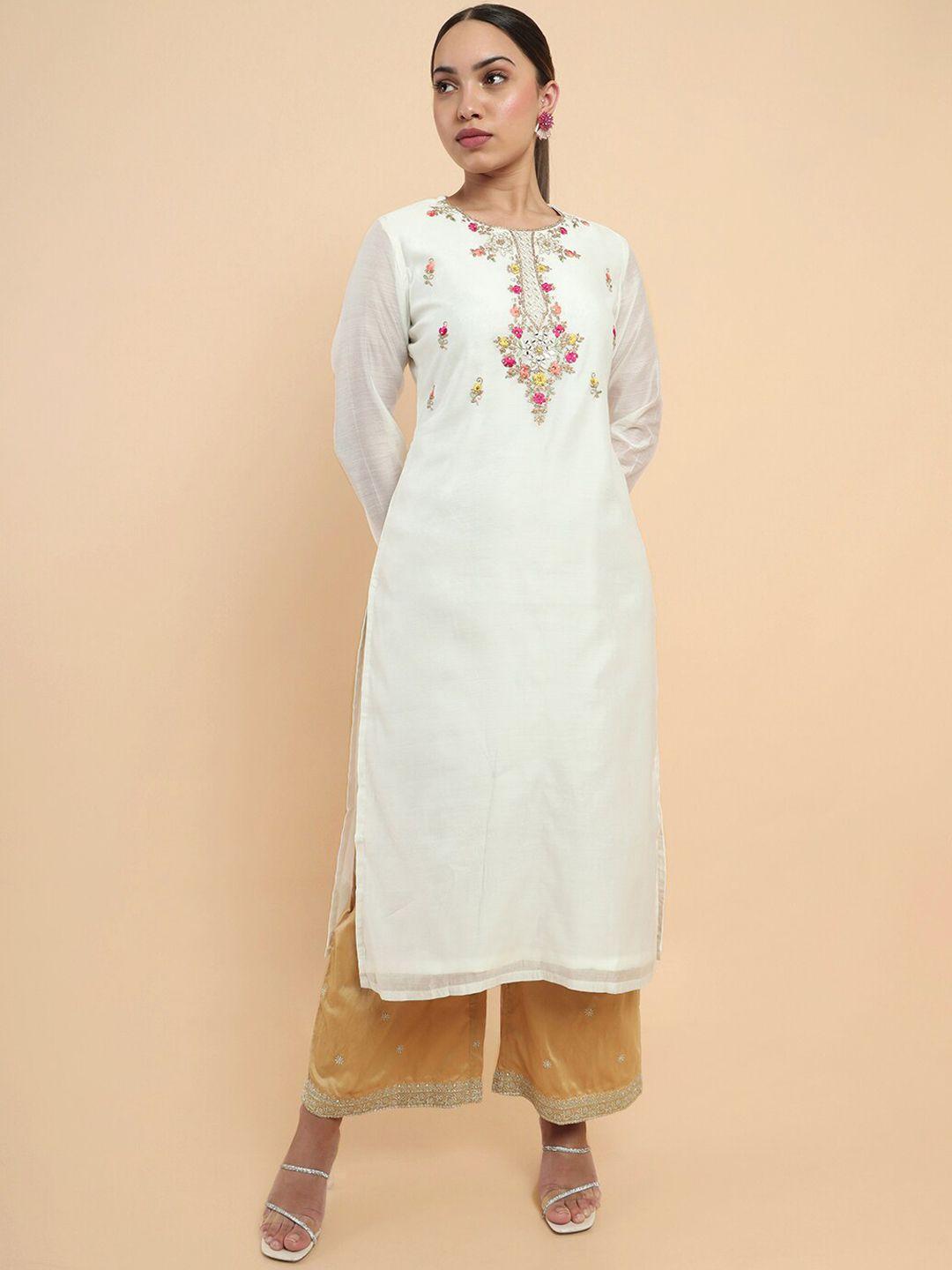 soch women off white & pink floral embroidered silk kurta