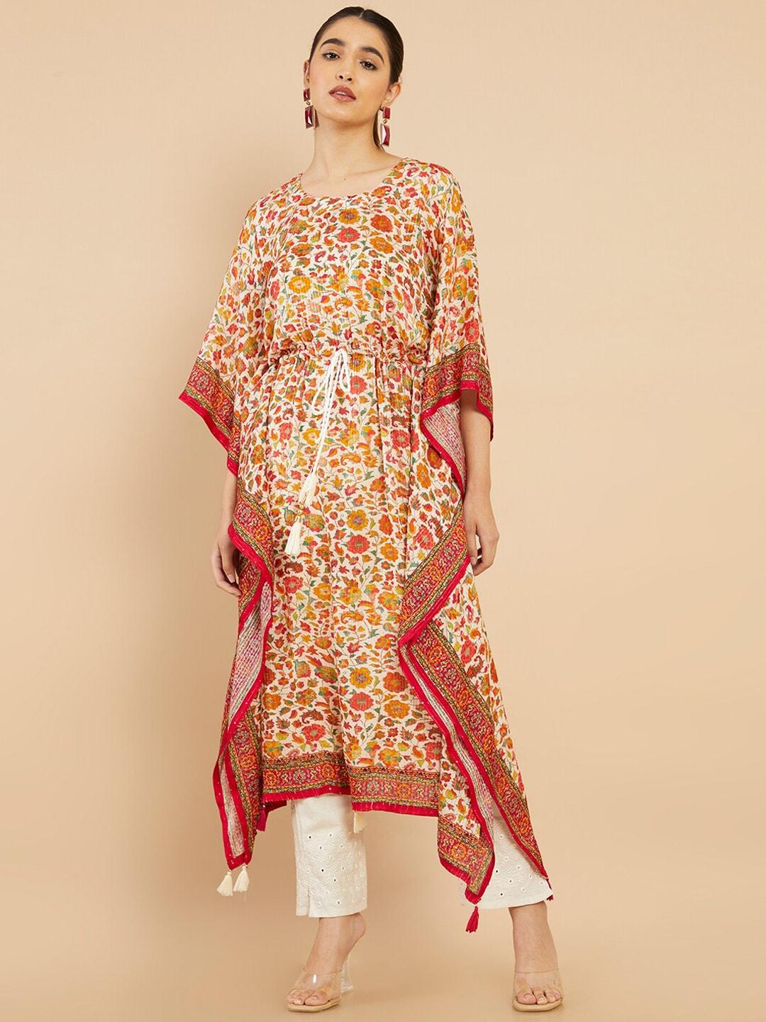 soch women off white & red floral printed flared sleeves kaftan kurta