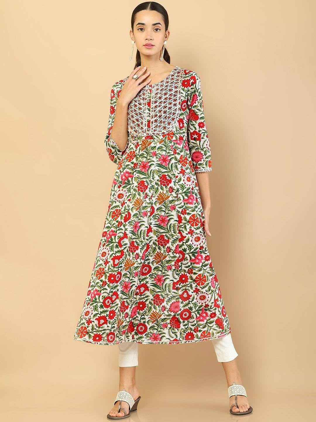 soch women off white & red floral printed floral anarkali kurta