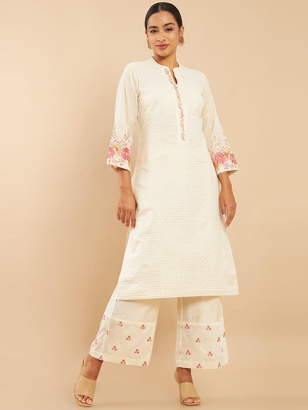 soch women off-white embroidered panelled pure cotton kurta with trousers