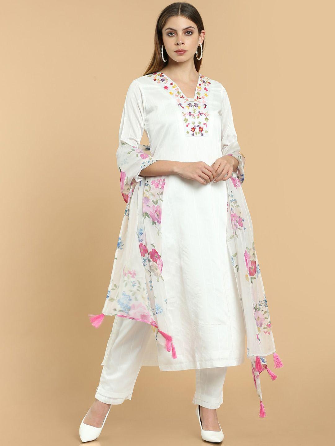 soch women off-white floral yoke design silk blend kurta with trousers & dupatta