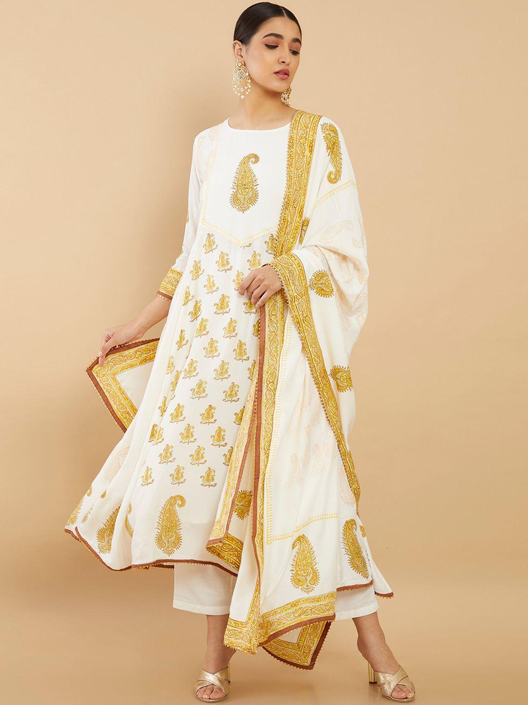 soch women off white paisley printed kurta with trousers & with dupatta