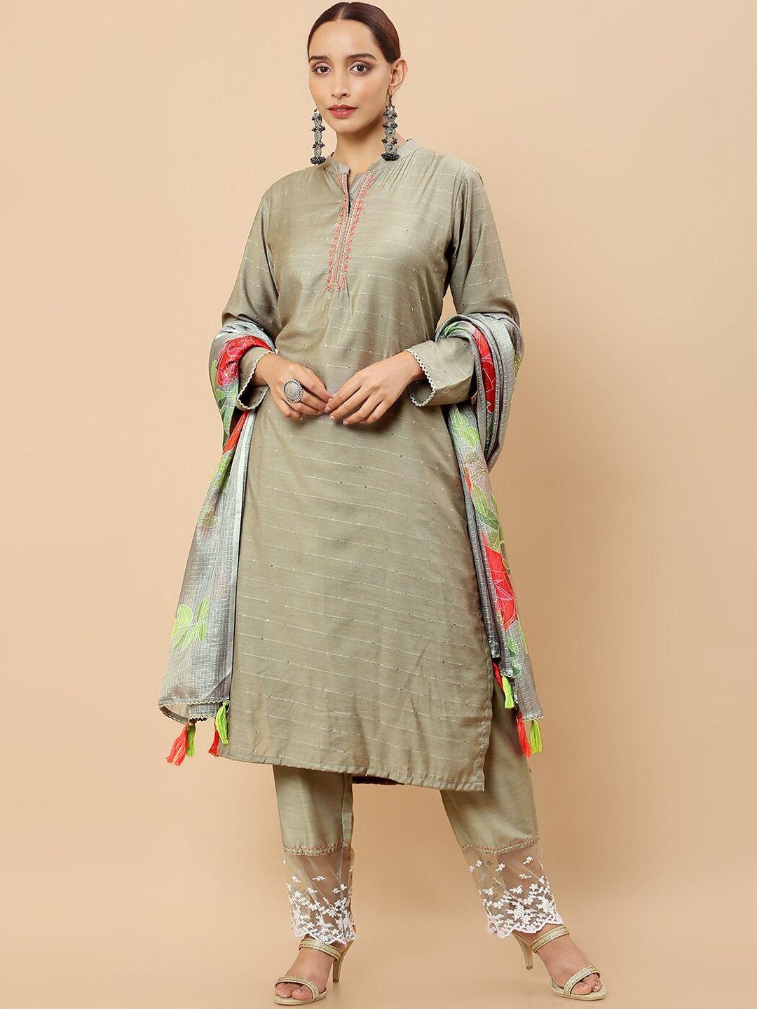 soch women olive green embroidered thread work kurta with trouser & with dupatta