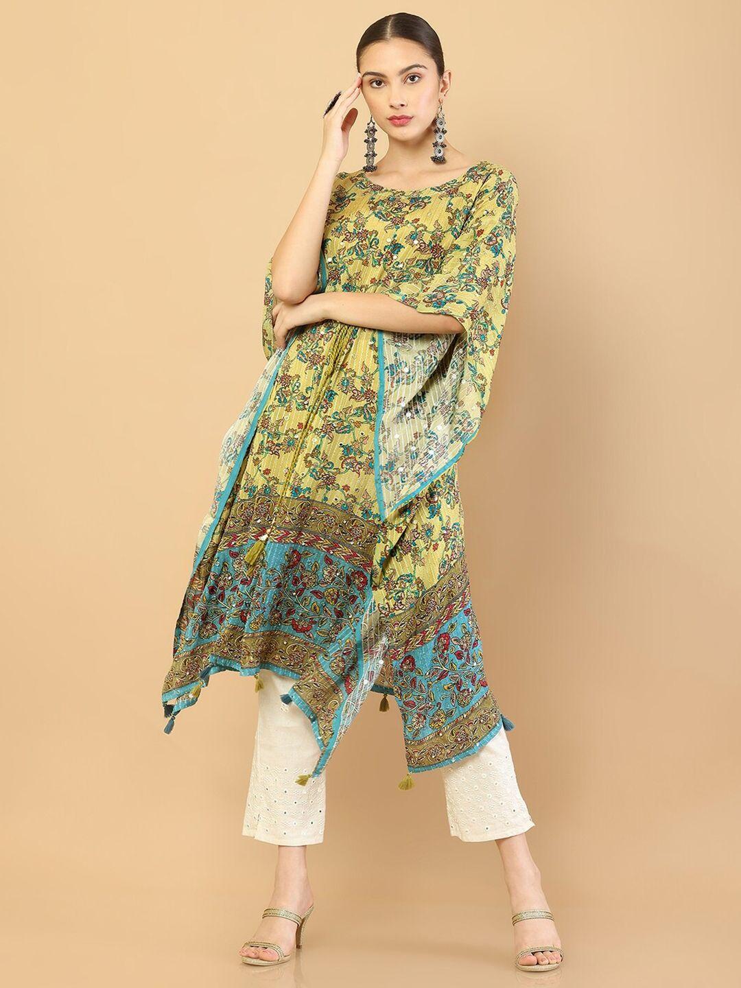 soch women olive green floral kaftan maxi dress