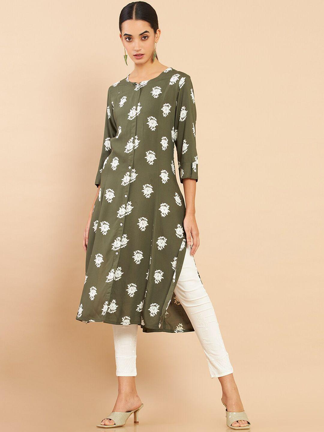 soch women olive green floral printed kurta