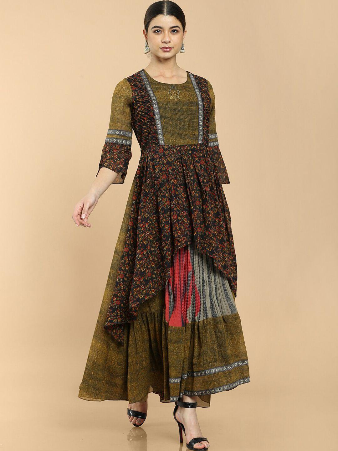 soch women olive green floral printed layered georgette anarkali kurta