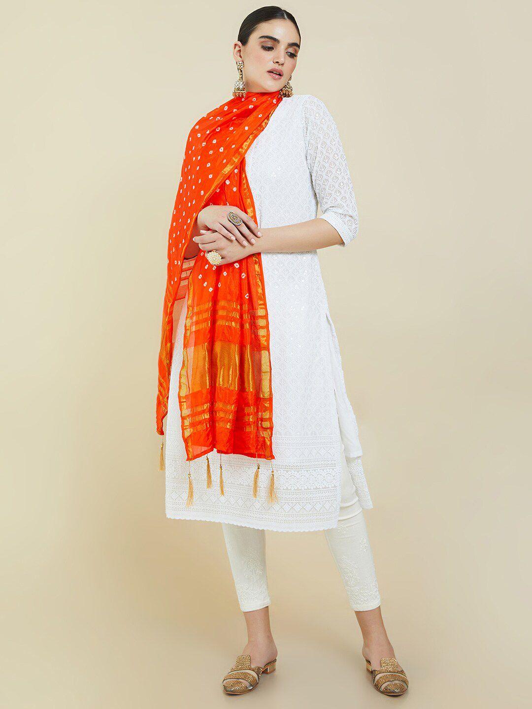 soch women orange & gold-toned bandhani printed art silk dupatta