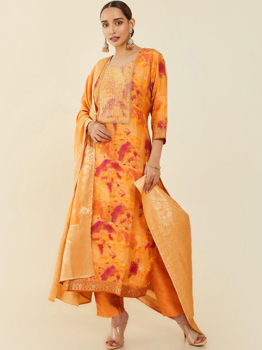 soch women orange dyed pure silk kurta with trousers & with dupatta