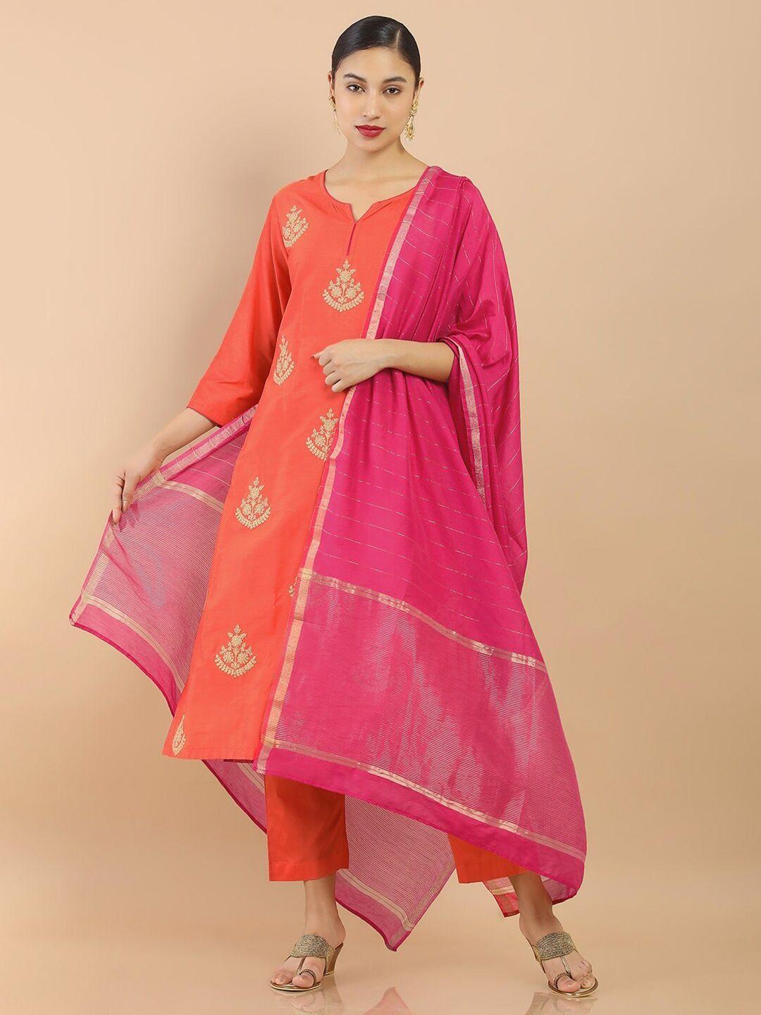soch women orange floral embroidered silk kurta set with dupatta
