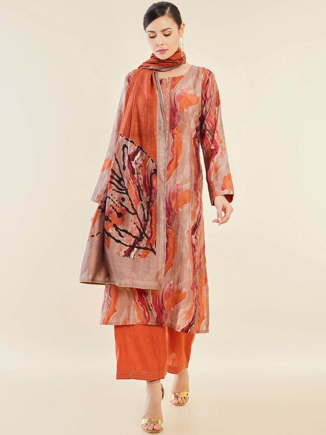 soch women orange printed regular sequinned kurta with palazzos & with dupatta