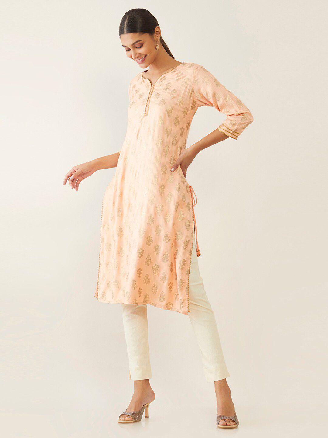 soch women peach-coloured & gold-toned ethnic motifs printed kurta