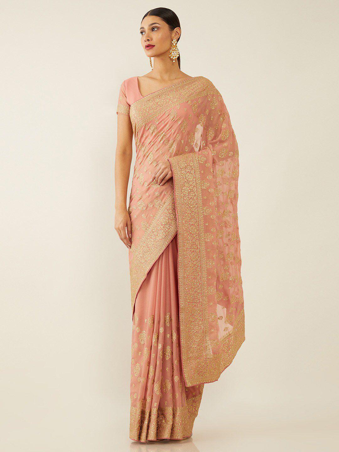 soch women peach-coloured & gold-toned ethnic motifs zari saree