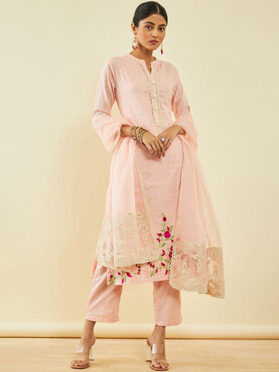soch women peach-coloured ethnic motifs embroidered regular thread work pure cotton kurta with trousers &
