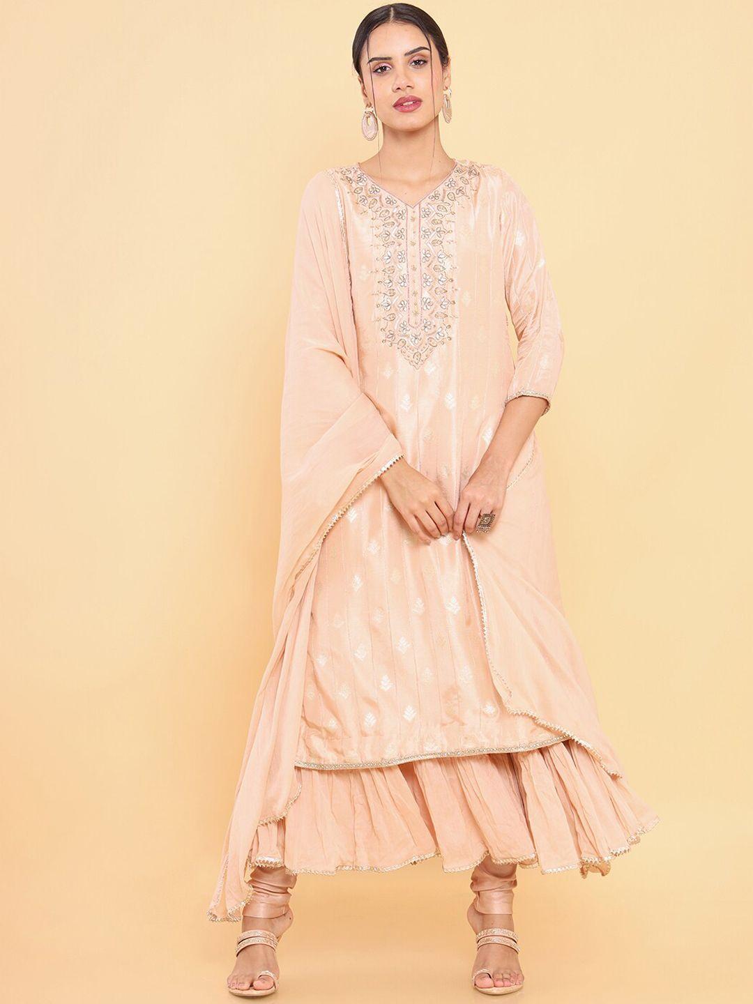 soch women peach-coloured ethnic motifs yoke design layered kurta with churidar