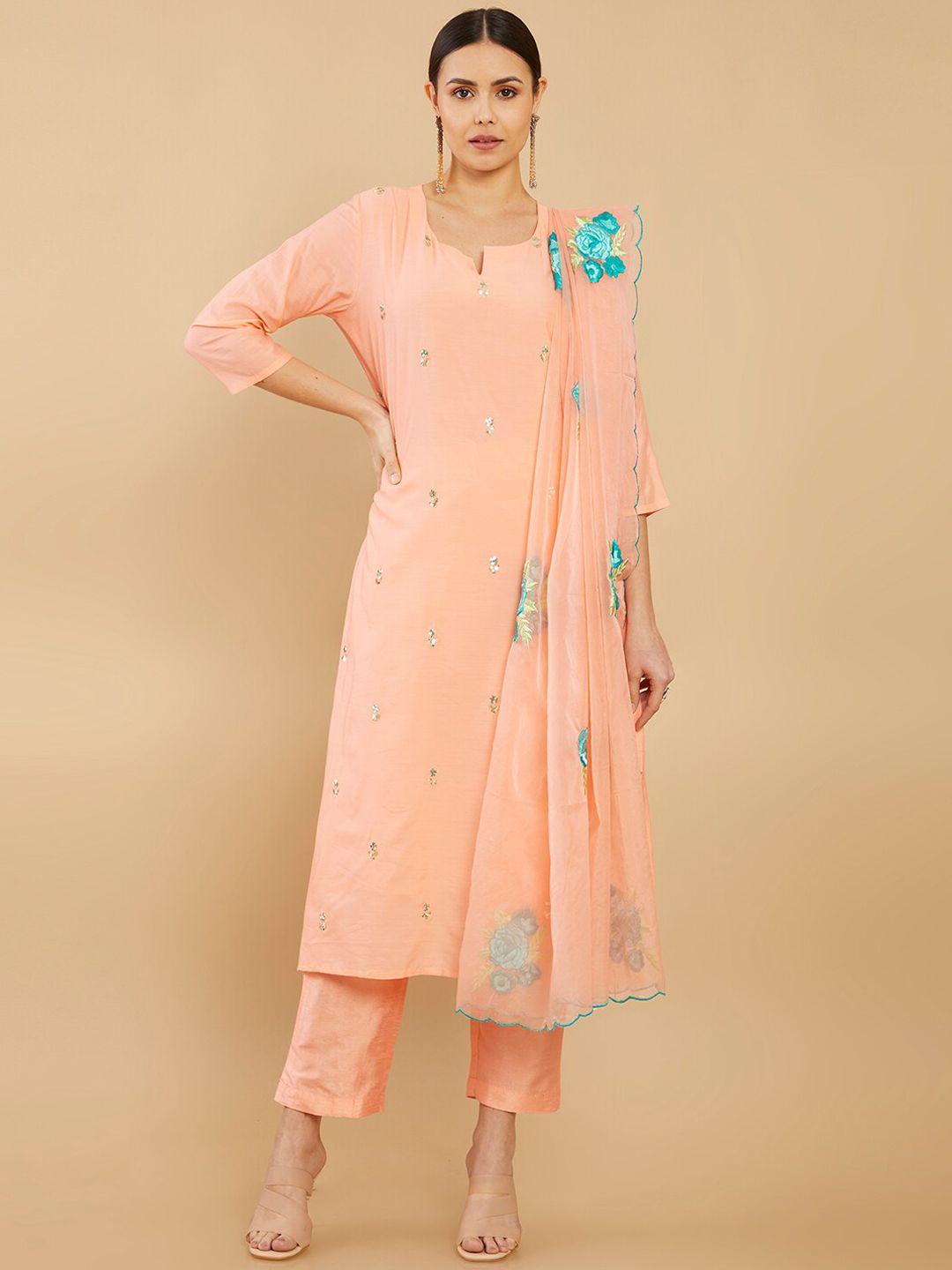 soch women peach-coloured floral embroidered kurta with trousers with dupatta