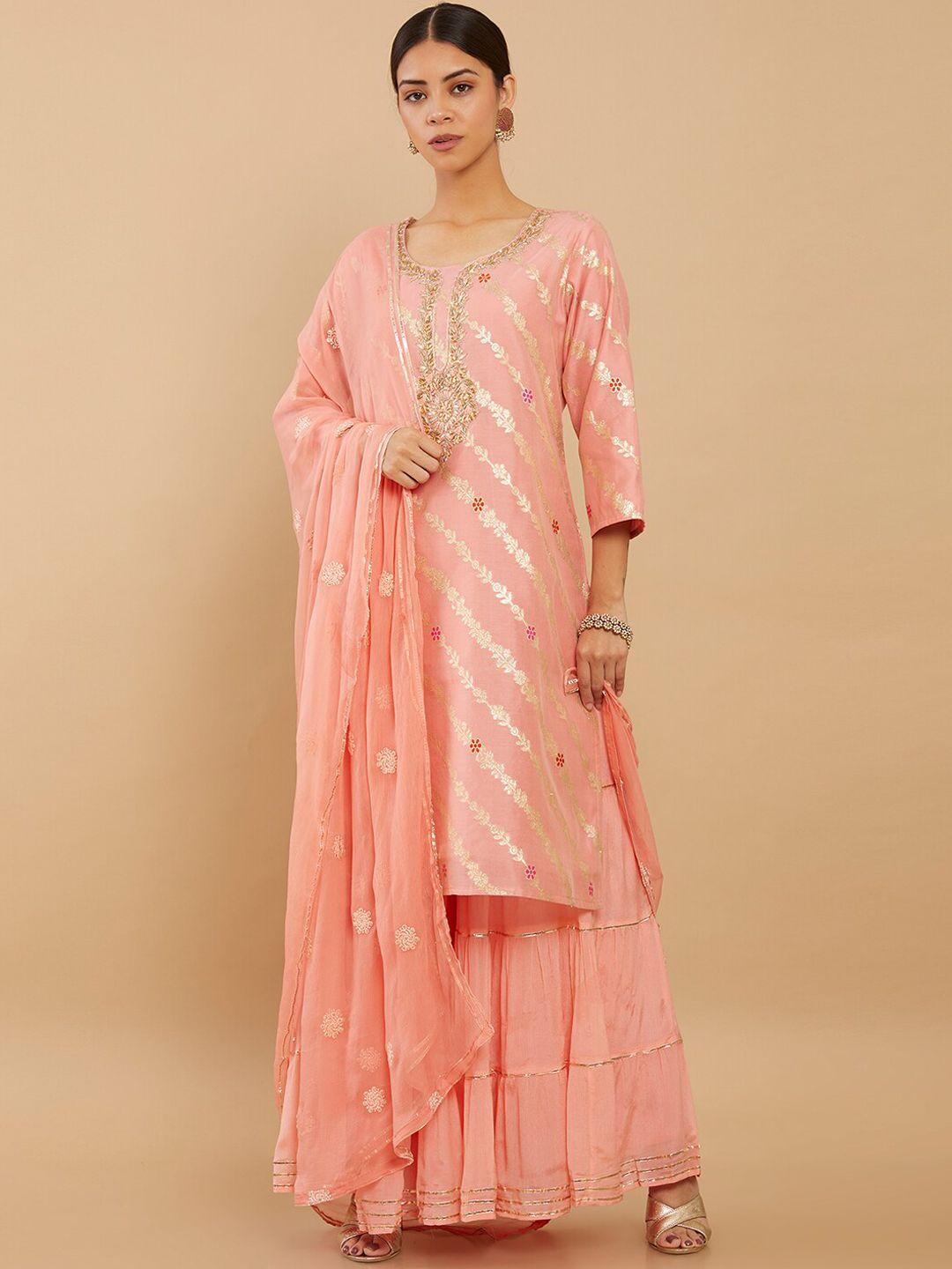 soch women peach-coloured floral embroidered pure silk kurta with sharara & dupatta