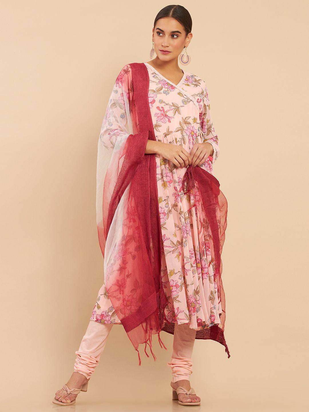 soch women peach-coloured floral printed kurta with churidar & with dupatta