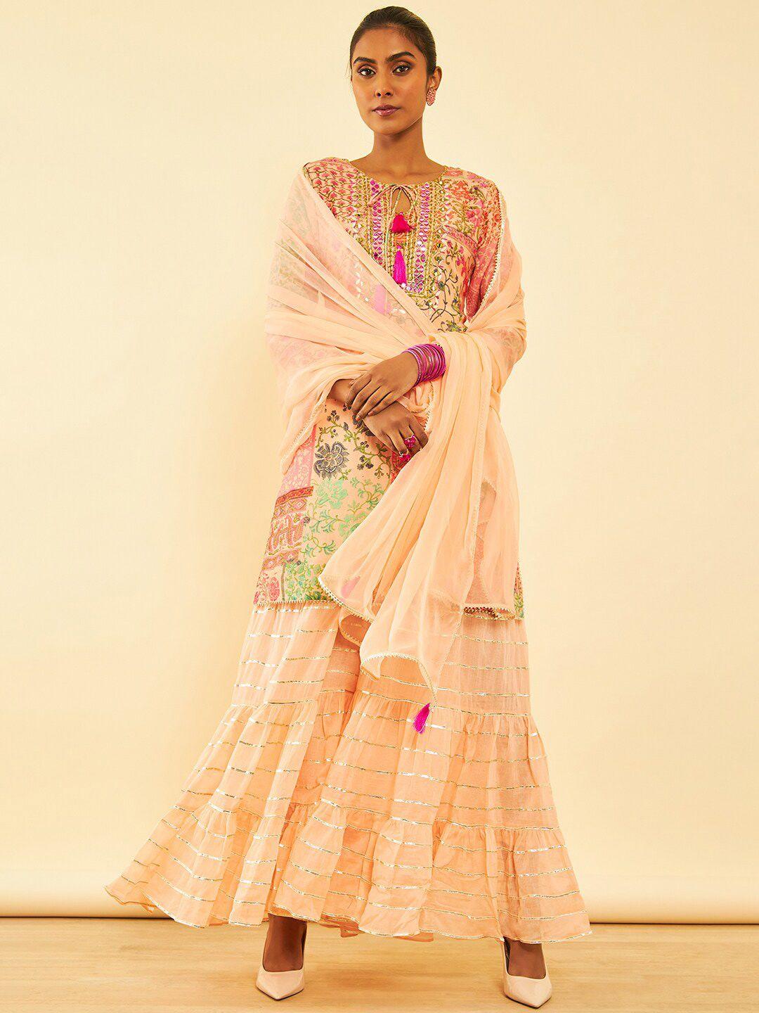 soch women peach-coloured floral printed regular mirror work kurta with sharara & with dupatta