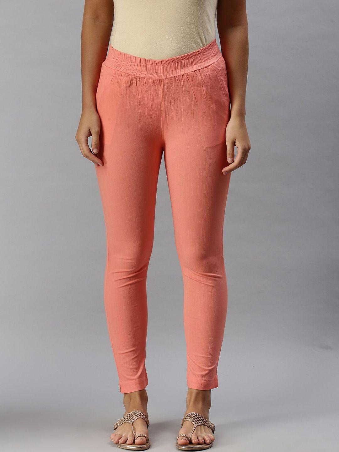 soch women peach-coloured skinny fit solid regular trousers