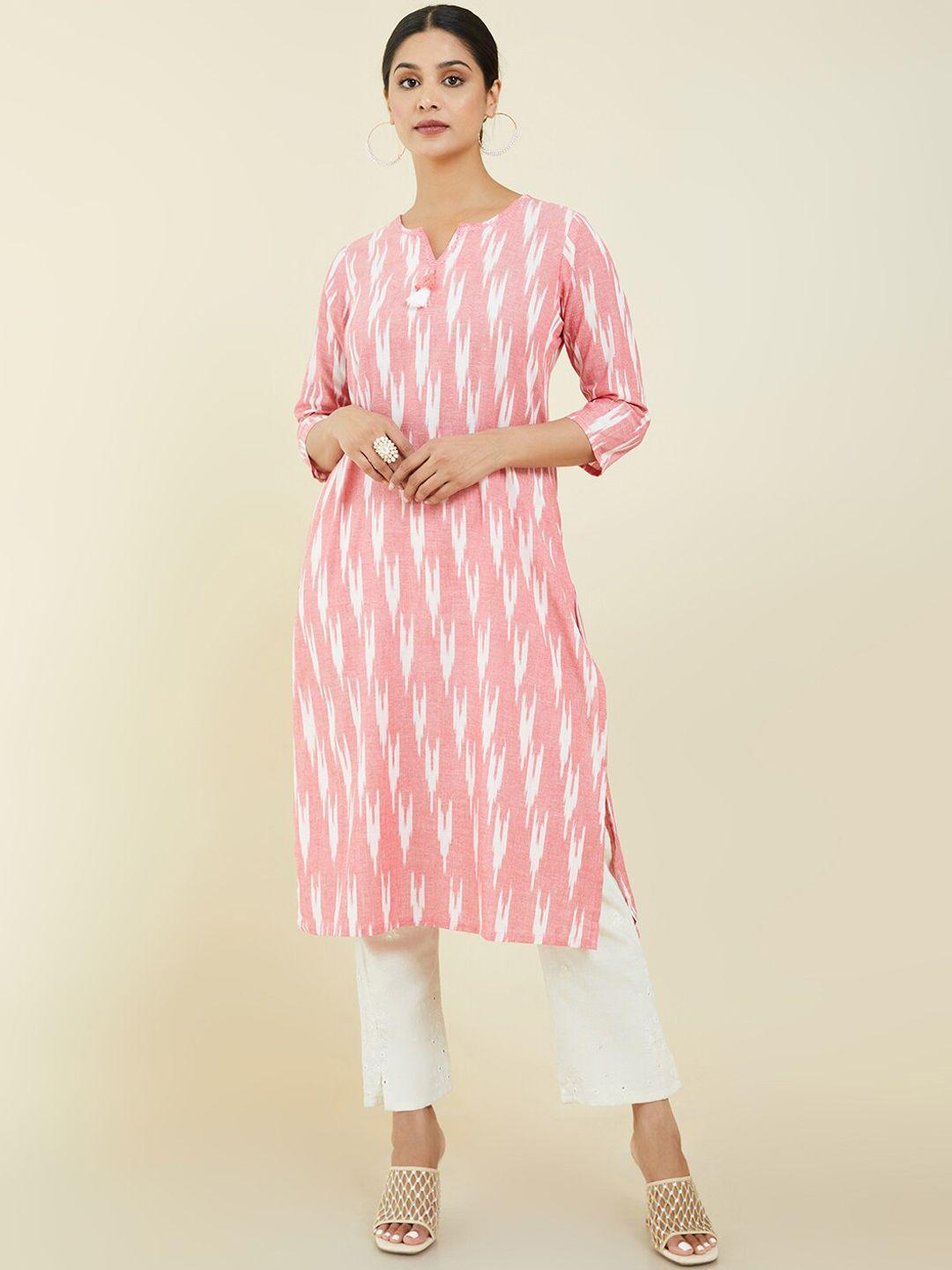 soch women pink & white cotton striped kurta