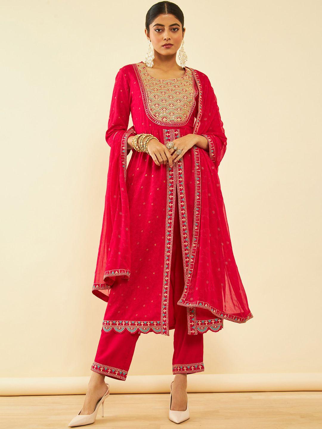 soch women pink embroidered pleated sequinned kurta with trousers & with dupatta
