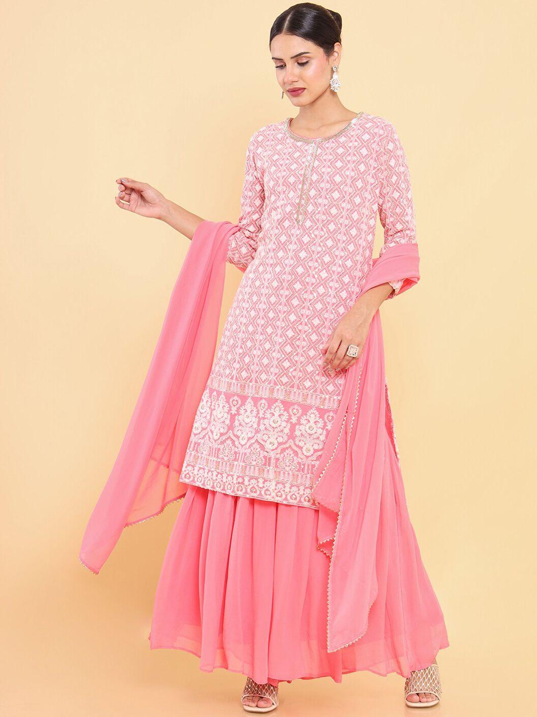 soch women pink ethnic motifs embroidered thread work kurta with sharara & with dupatta