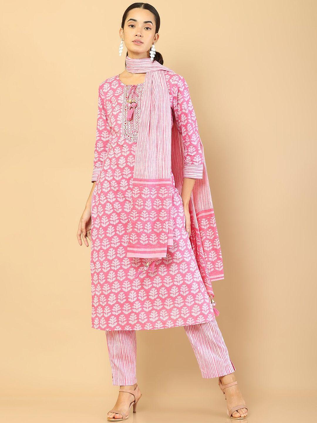 soch women pink ethnic motifs printed layered pure cotton kurta set