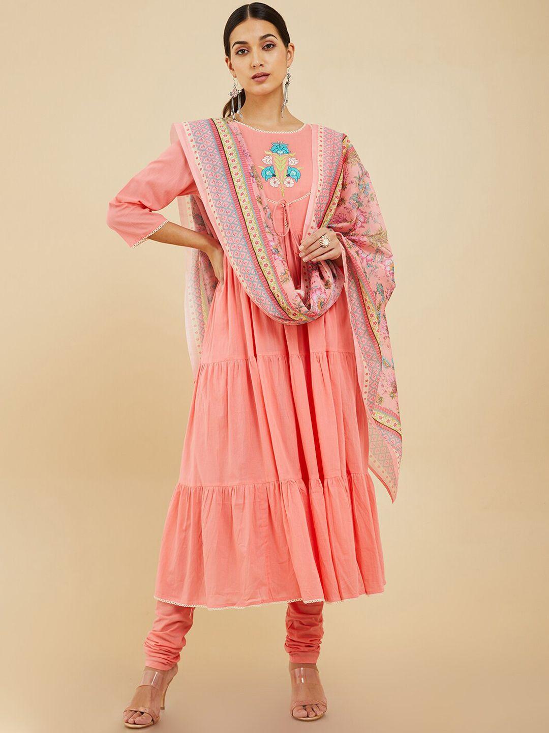 soch women pink floral embroidered pure cotton kurta with churidar & dupatta