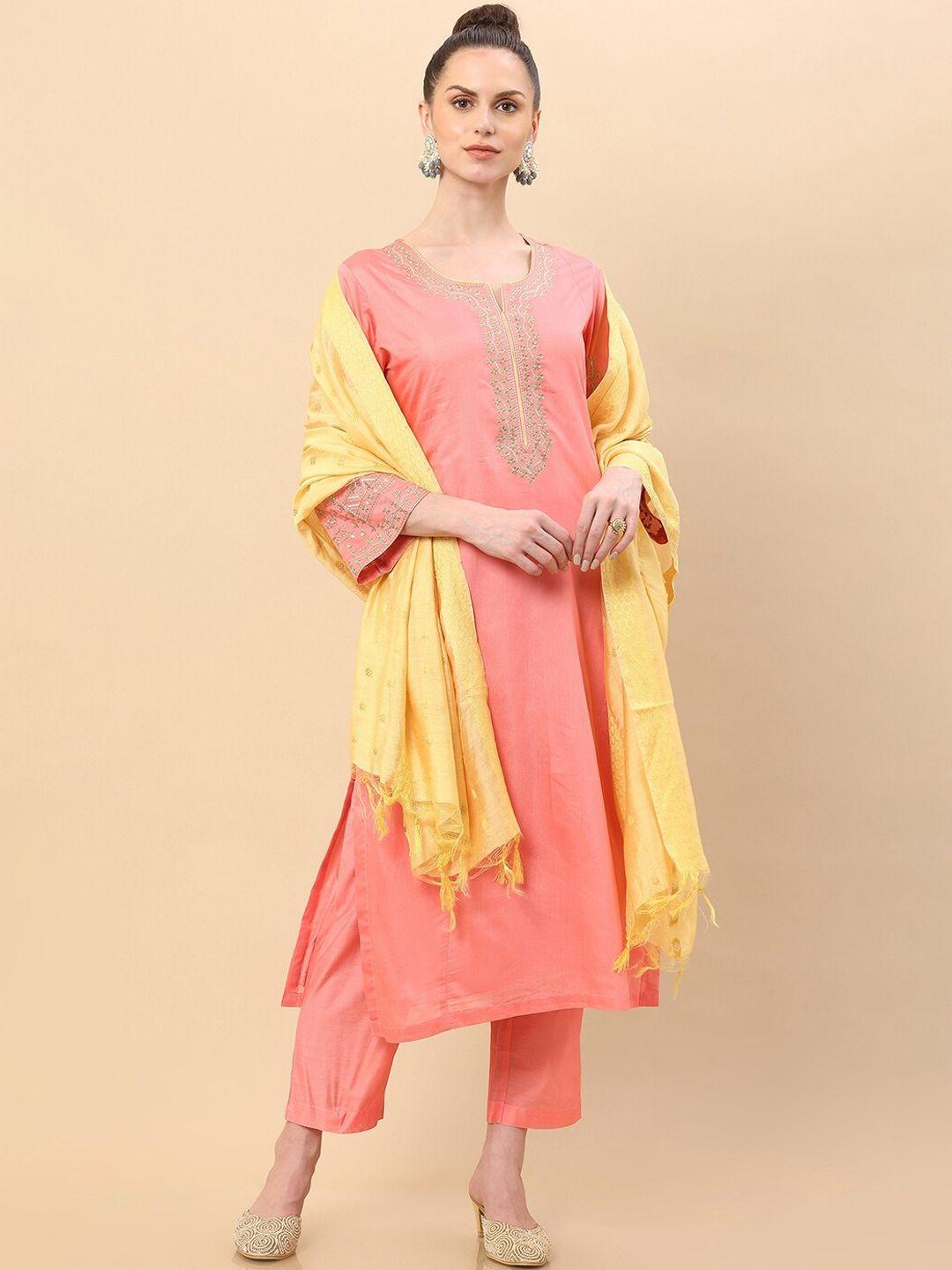 soch women pink floral embroidered thread work raw silk kurta with trousers & with dupatta