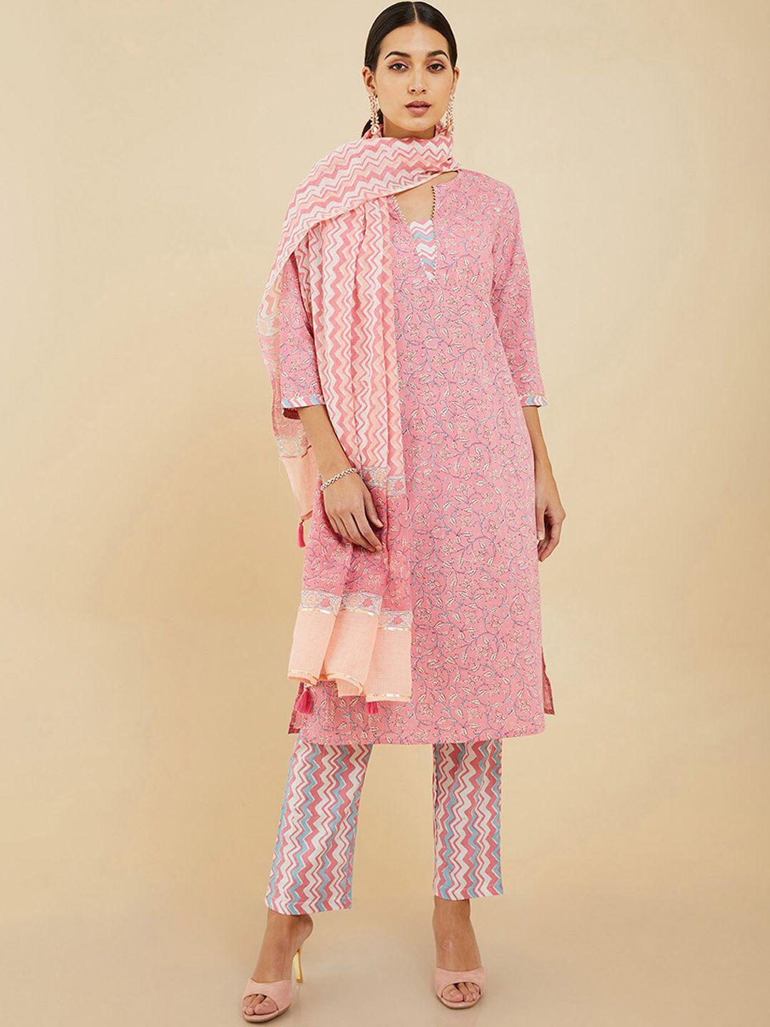 soch women pink floral printed pure cotton kurta with trousers & dupatta