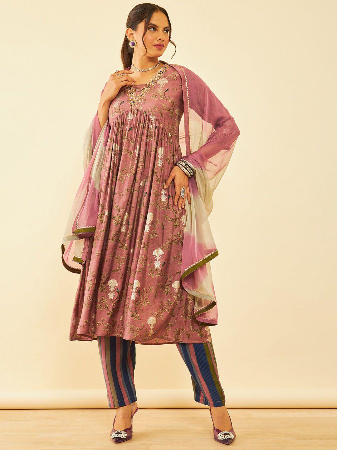 soch women pink printed sequinned kurta with trousers & with dupatta