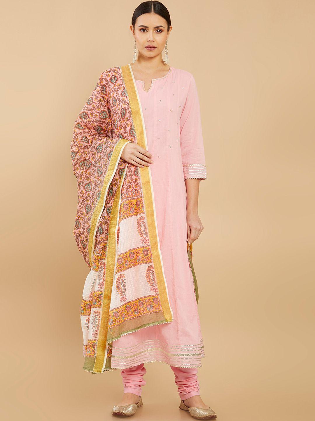 soch women pink pure cotton kurta with churidar with dupatta