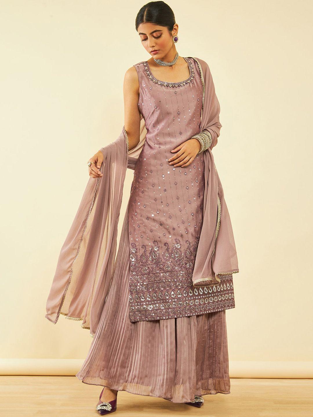 soch women pink regular sequinned kurta with palazzos & with dupatta