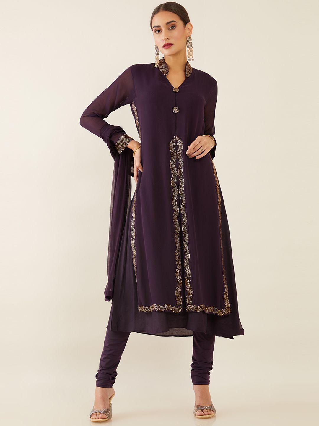 soch women purple embellished layered silk georgette kurta with churidar & dupatta