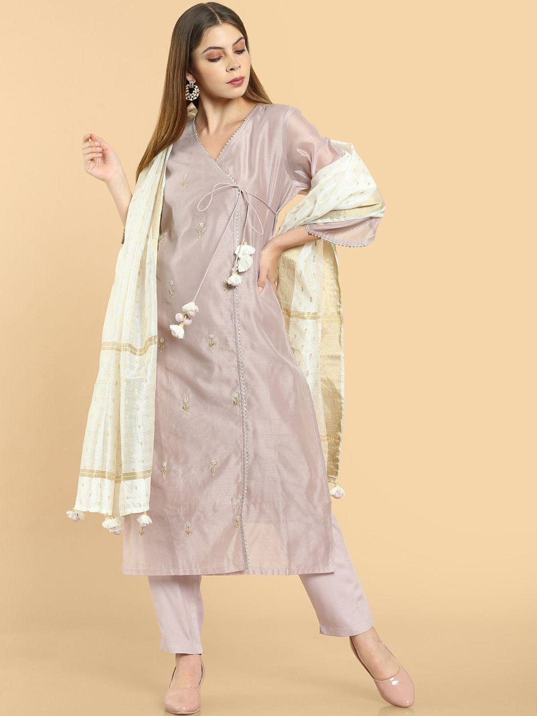 soch women purple embroidered angrakha chanderi kurta set