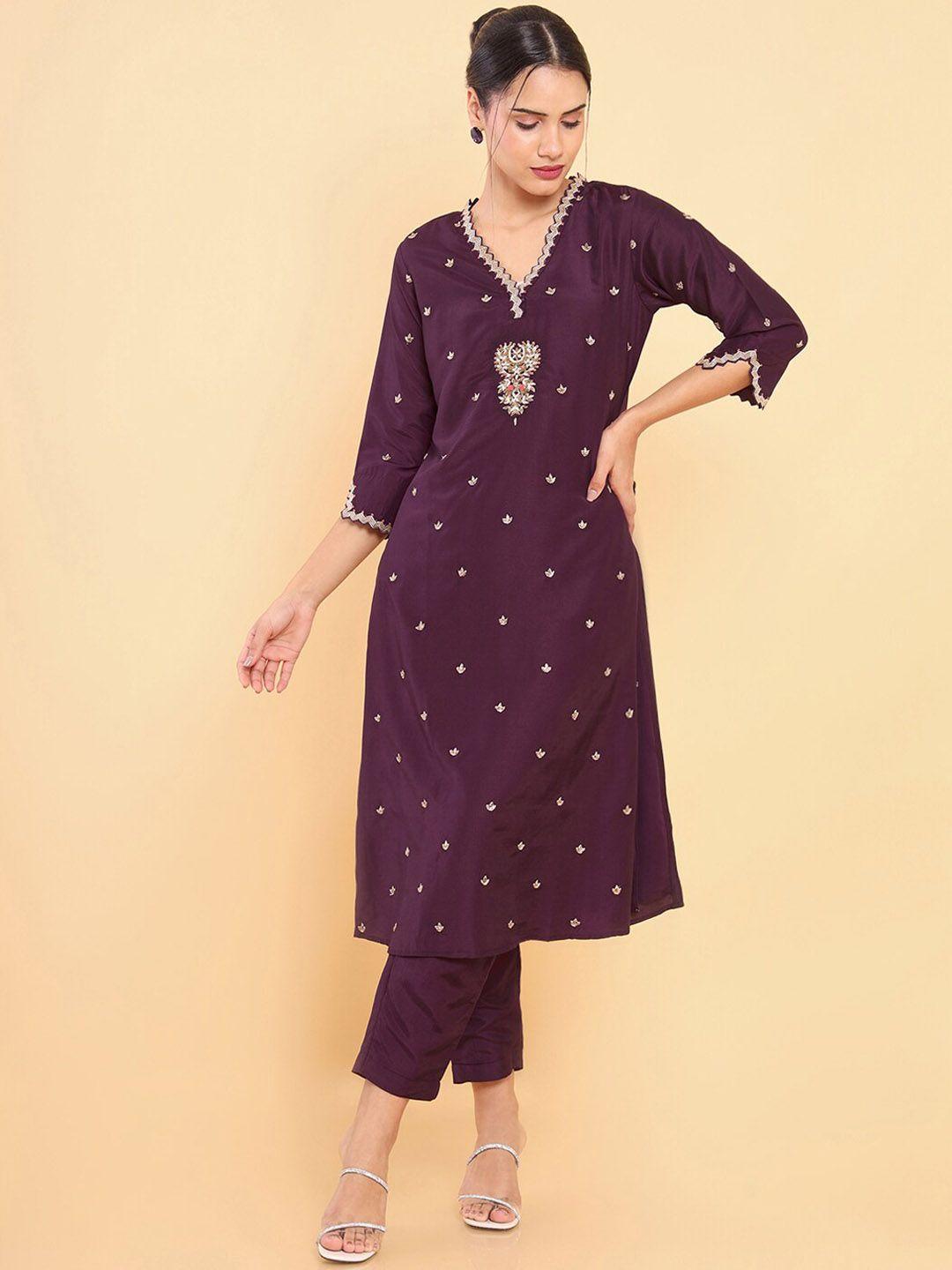 soch women purple floral embroidered pure silk kurta with trousers