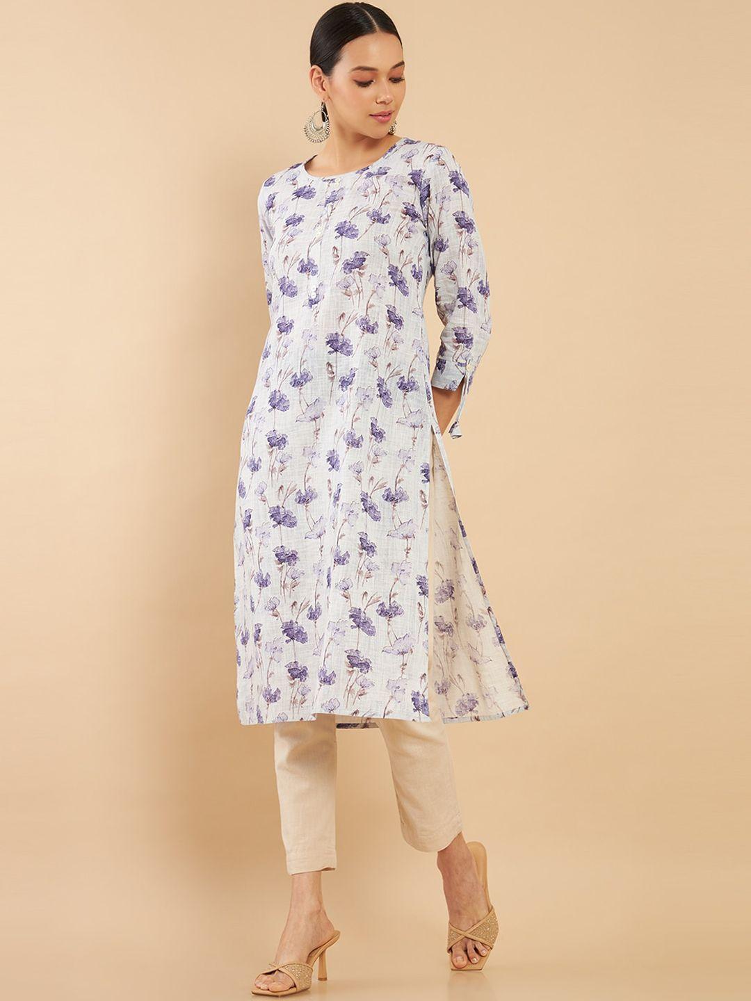 soch women purple floral printed straight fit linen kurta