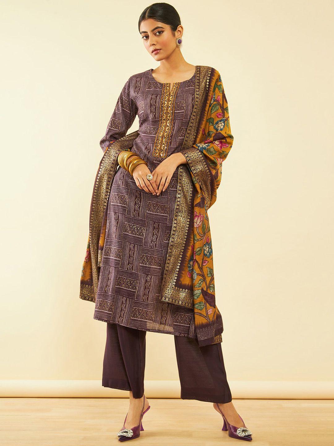 soch women purple printed regular kurta with palazzos & with dupatta