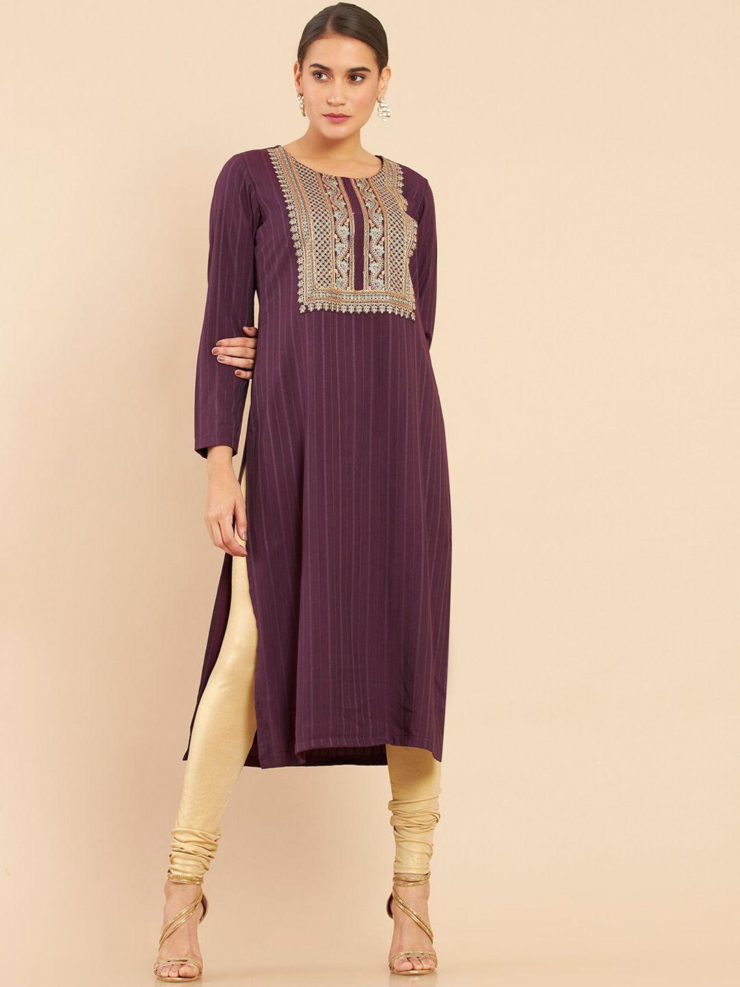 soch women purple striped yoke design kurta