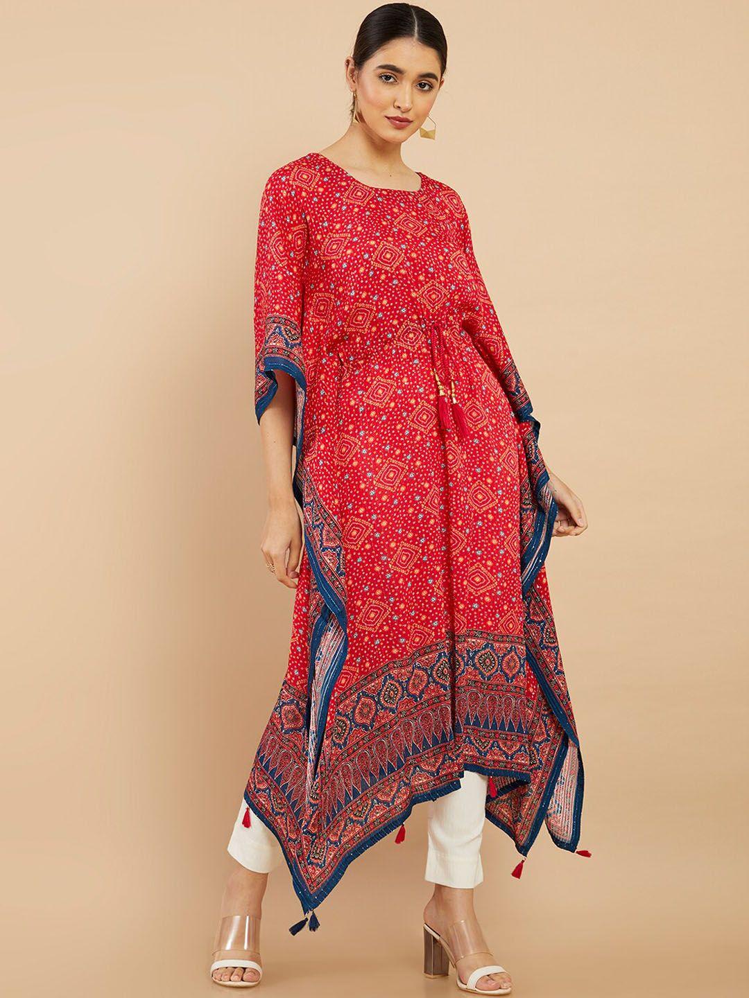 soch women red & blue ethnic motifs printed flared sleeves kaftan kurta
