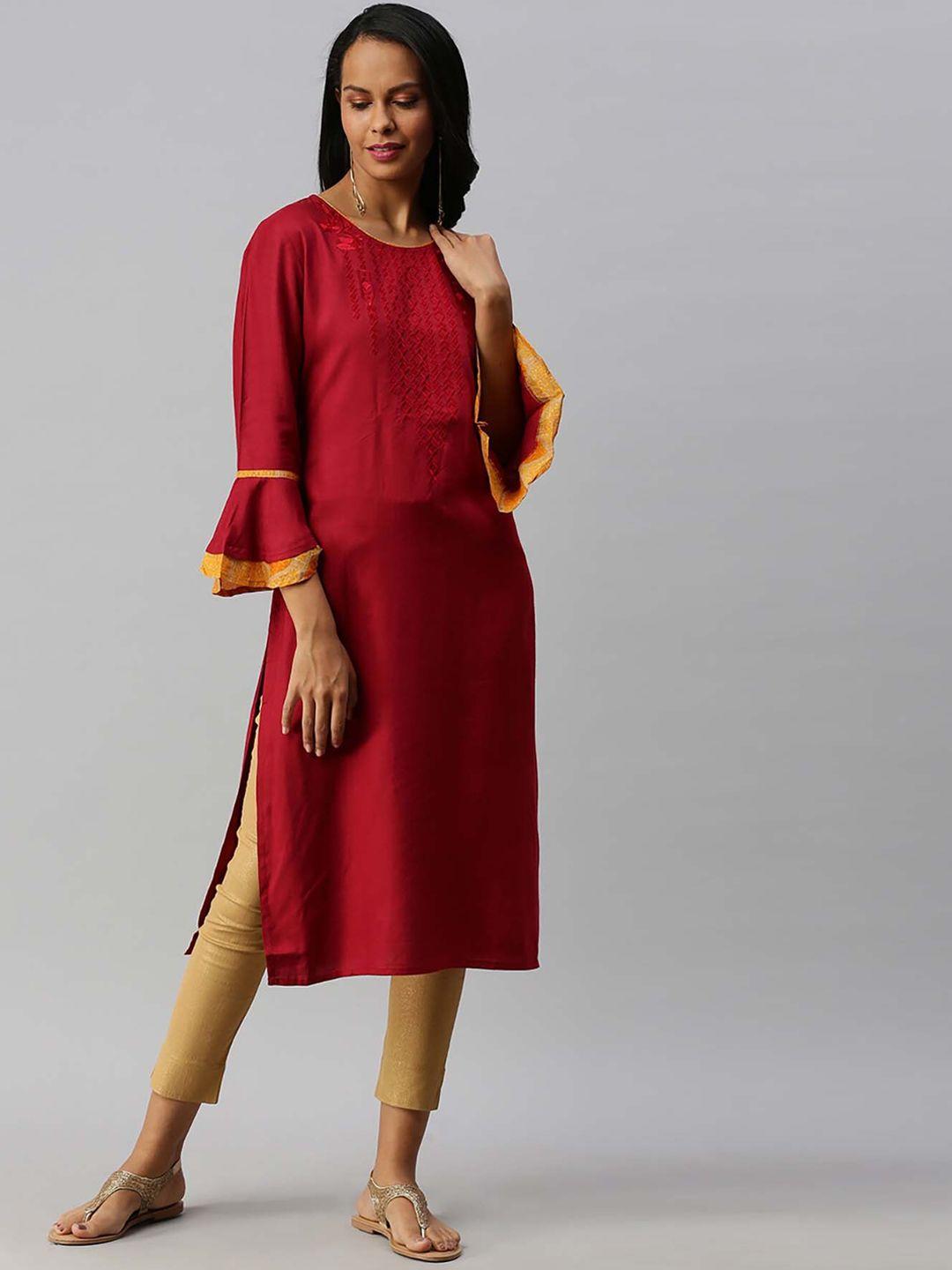 soch women red embroidered bell sleeves kurta