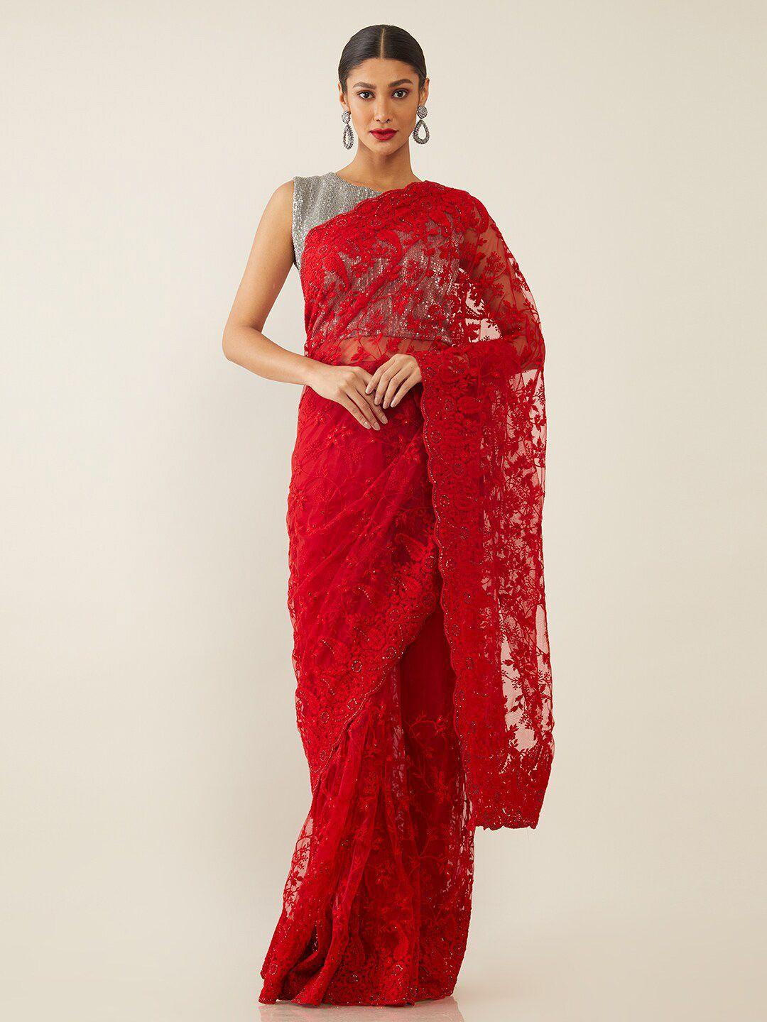soch women red embroidered net saree