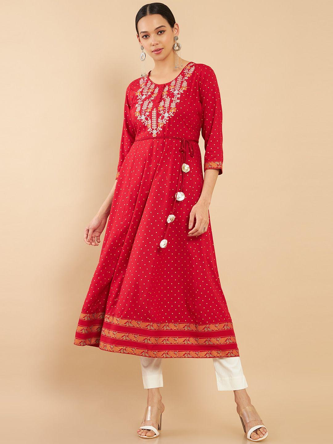 soch women red ethnic motifs embroidered rayon kurta