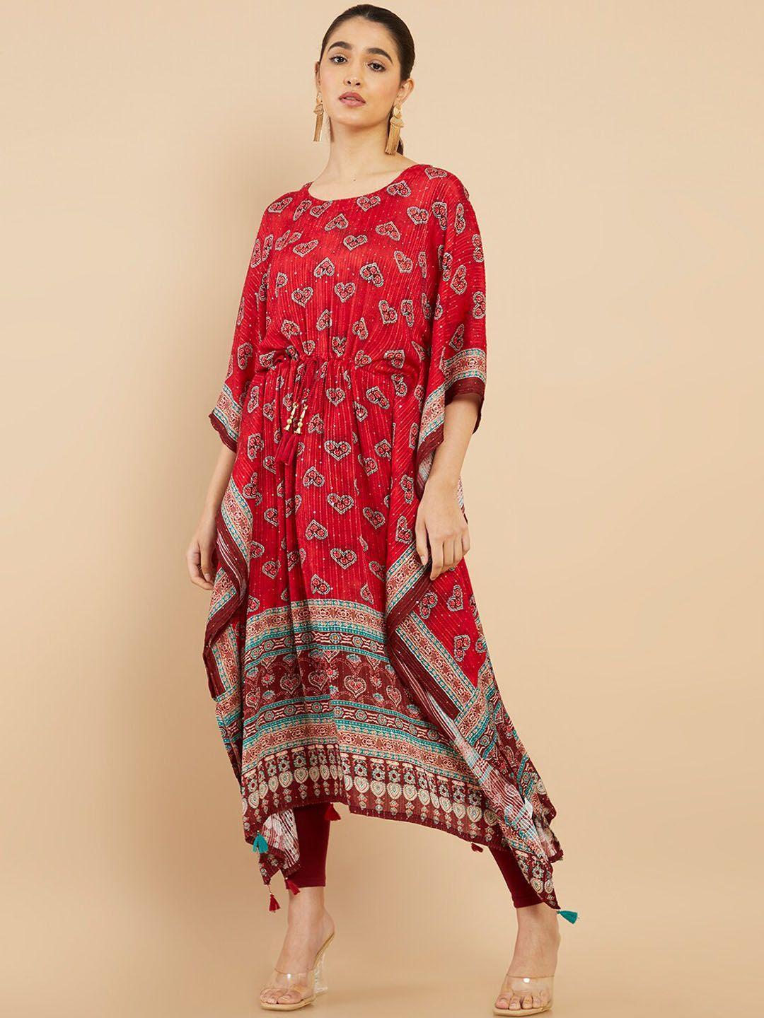 soch women red ethnic motifs printed kaftan kurta