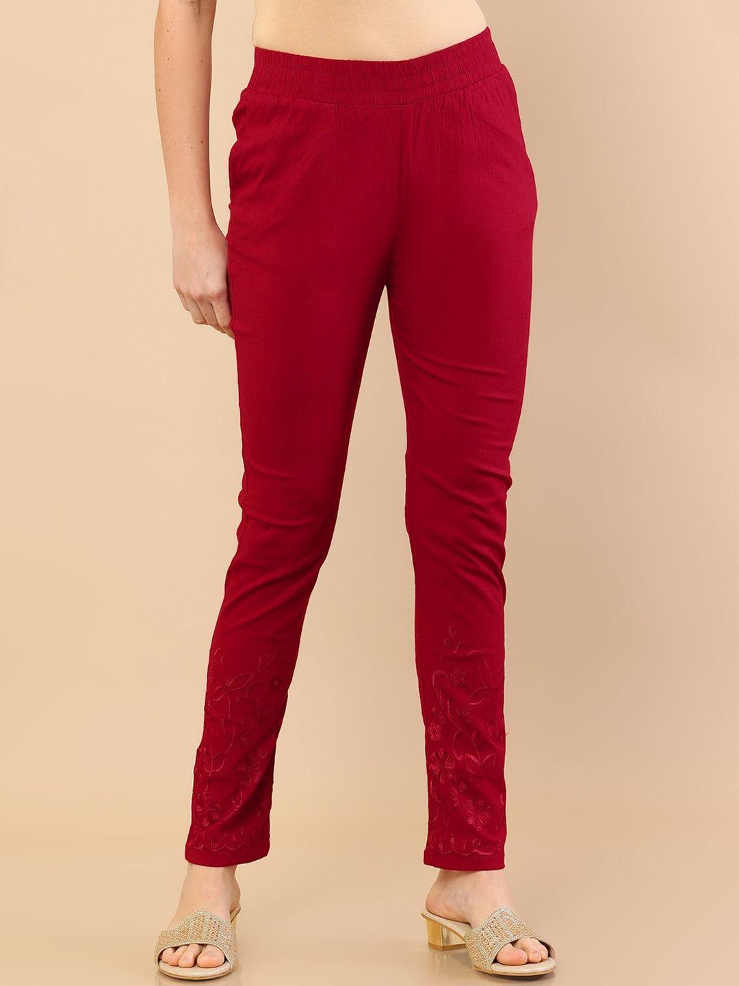 soch women red high-rise trousers with floral embroidery