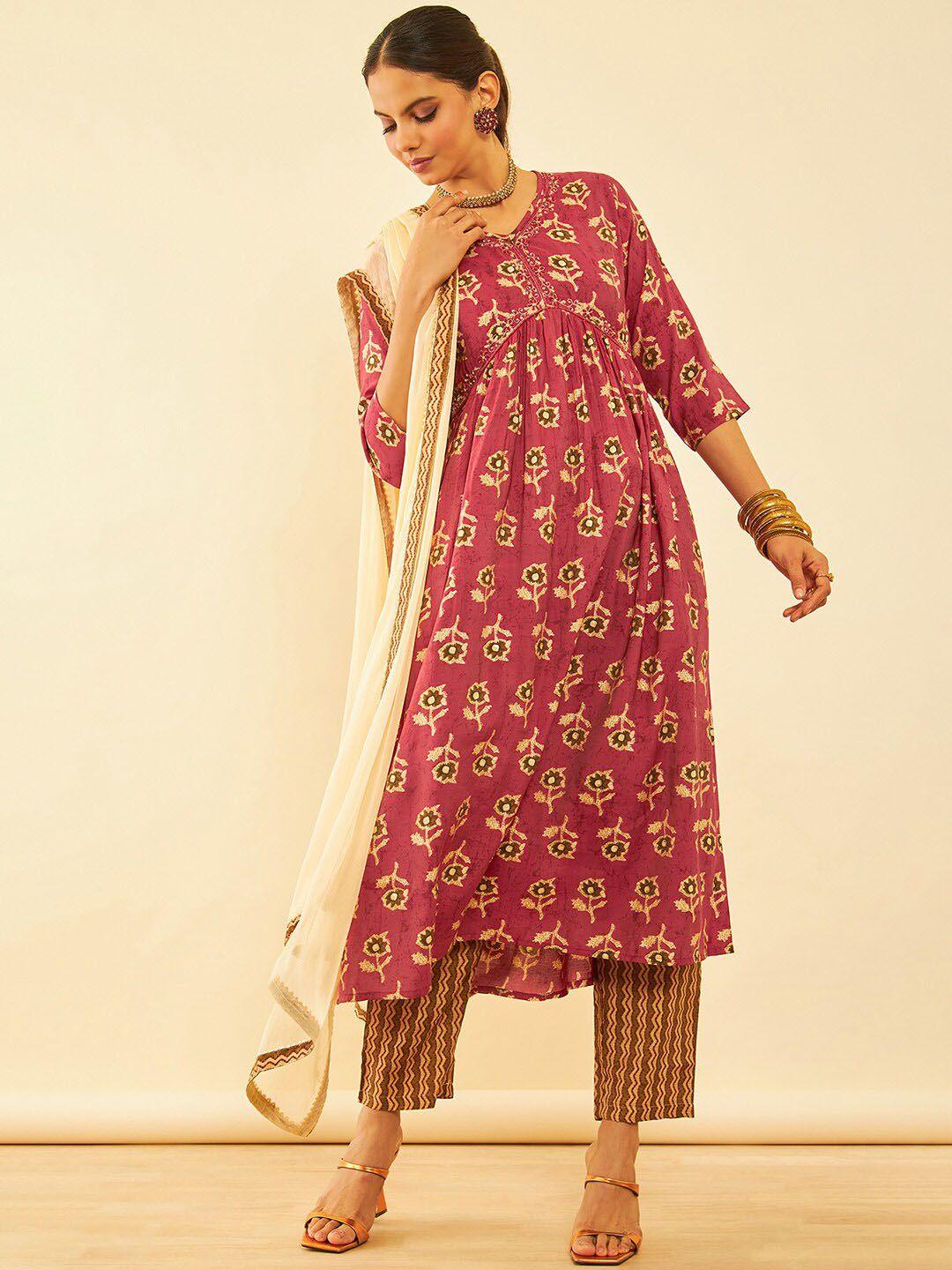 soch women rust floral printed sequinned kurta with trousers & with dupatta